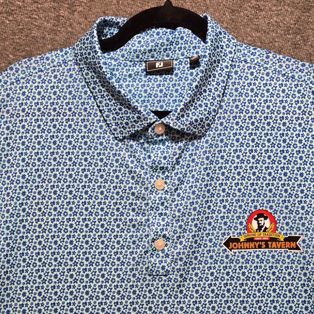 FootJoy Golf Polo Shirt Men's 2XL Blue Geometric Print Johnny's Tavern Logo